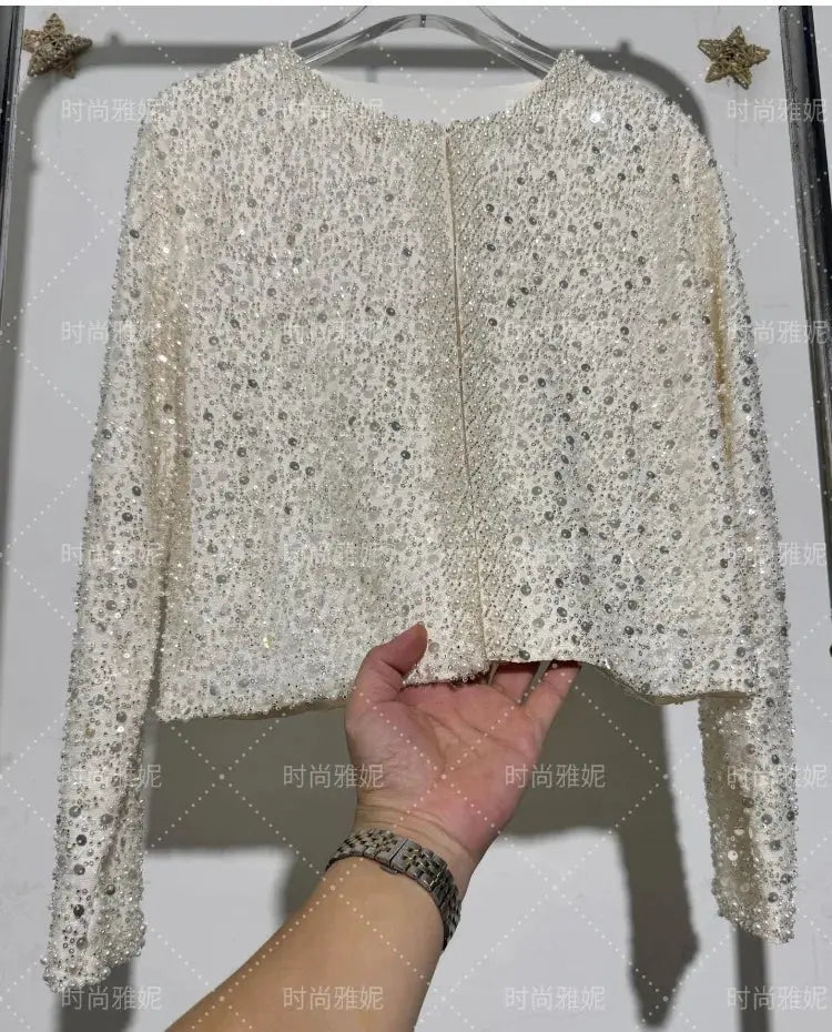 Fashion Heavy Sequin Beaded Cardigan Jacket for Women Slim Fit Bodycon Mid-Length Skirt Trendy Long Sleeve Coat Aurexia off