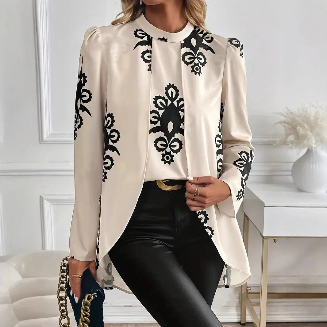 2026 Fashion Women's Long Sleeve Print Blouse, Elegant Office Top with Fake Two-Piece Design Aurexia off