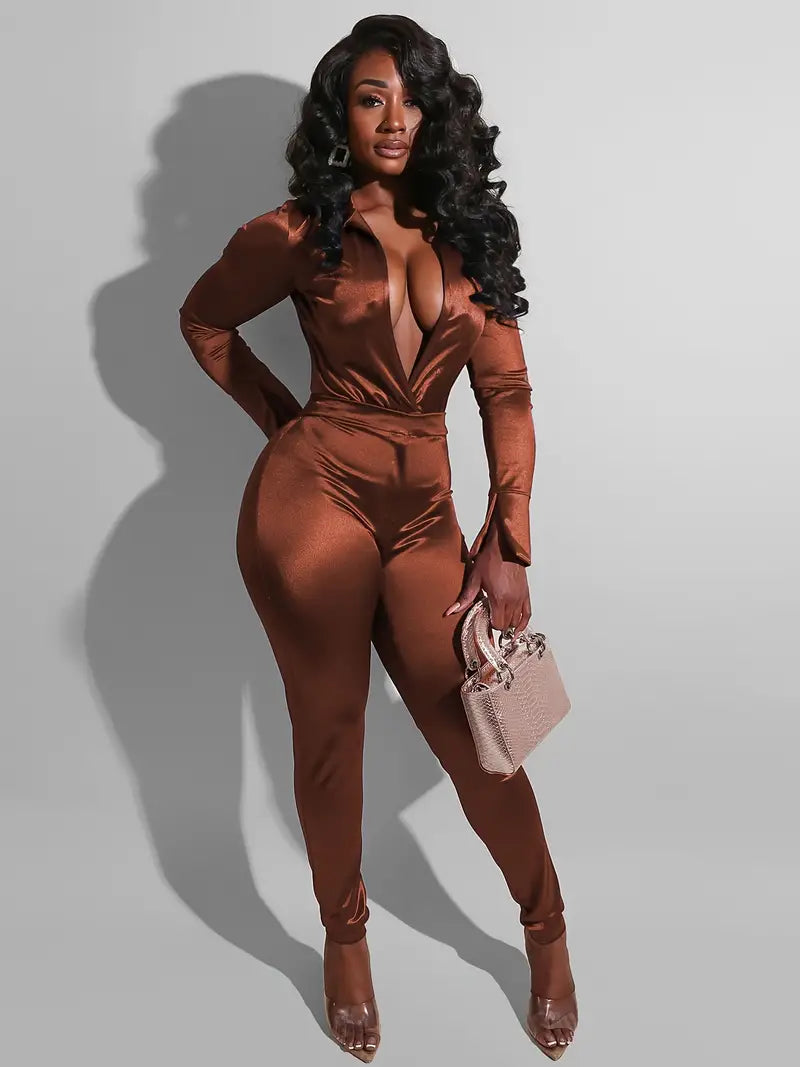 Deep V Neck Long Sleeve Jumpsuit & Casual Pants Set Aurexia off