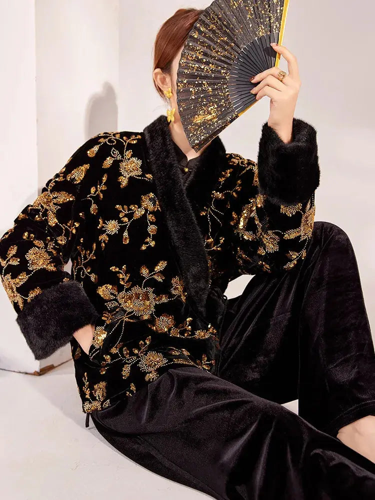 New Chinese Style Winter Women's Clothing, High-end V-neck New Chinese Style Gold Bead Embroidered Cotton Jacket Coat Outerwear Aurexia off