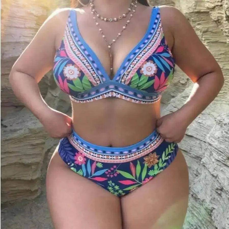 Plus Size V Neck Floral High Waisted Bikini Set Medium Stretch Fabric Aurexia off