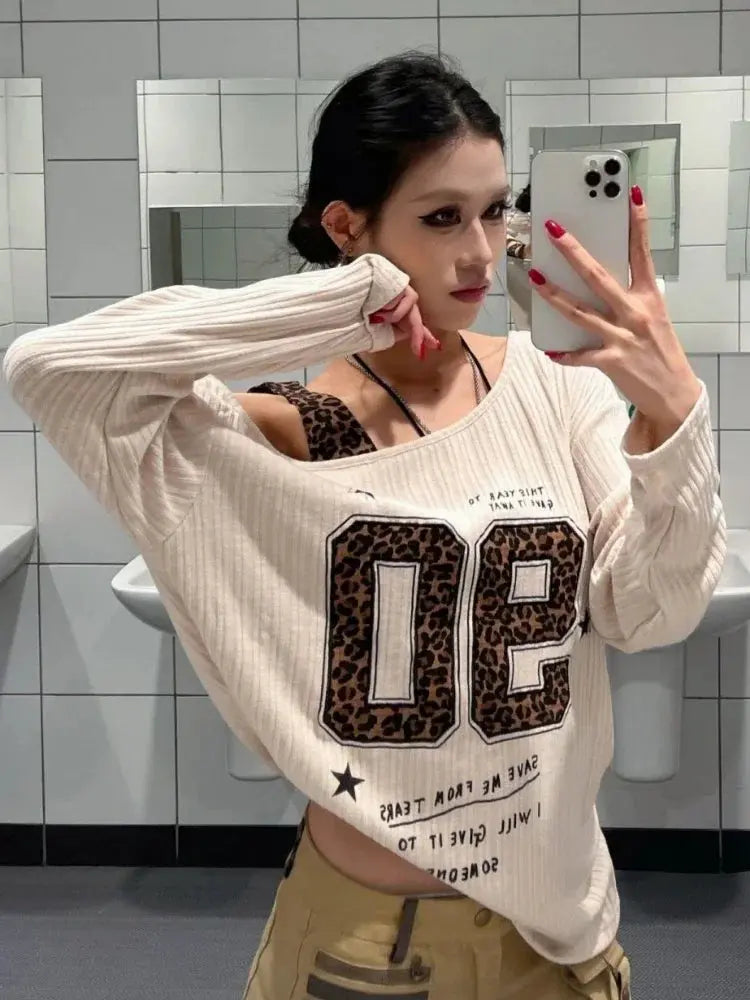 Y2K Patchwork Leopard Print T-Shirt Women Loose Streetwear Tee Grunge Casual Top Aurexia off