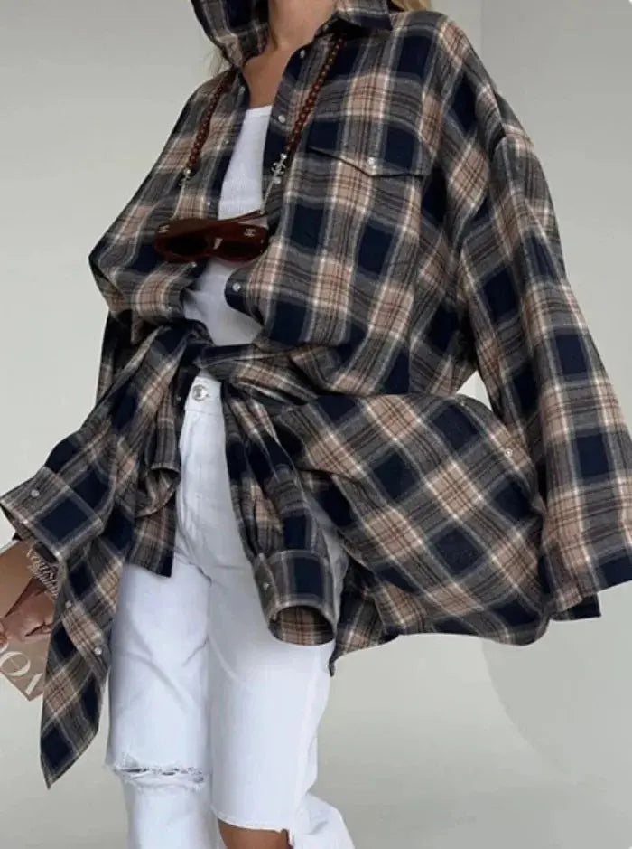 Women's Pink & Grey Plaid Flannel Shirt Button Down, Long Sleeve, Casual Streetwear Blouse for Layering Aurexia off