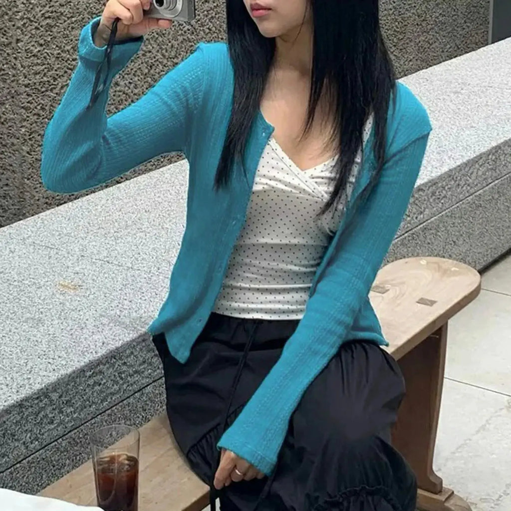 [RUOKE] Casual Streetwear Long Sleeve Top Spring Summer Knit Button Up Thin Coat Korean Style Outerwear Daily Cardigan Commuter Aurexia off