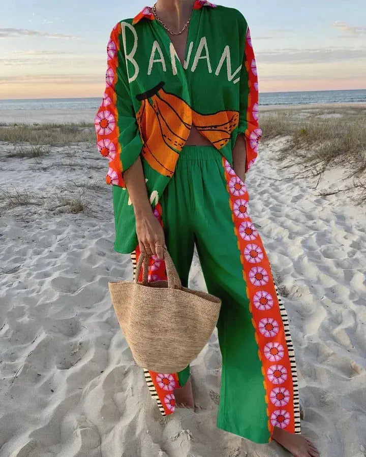 Funny Printed Loose Two Piece Set Women Tropical Beach Holiday Outfits 2024 Casual Lapel Button Shirt Wide Leg Pants Sets Aurexia off