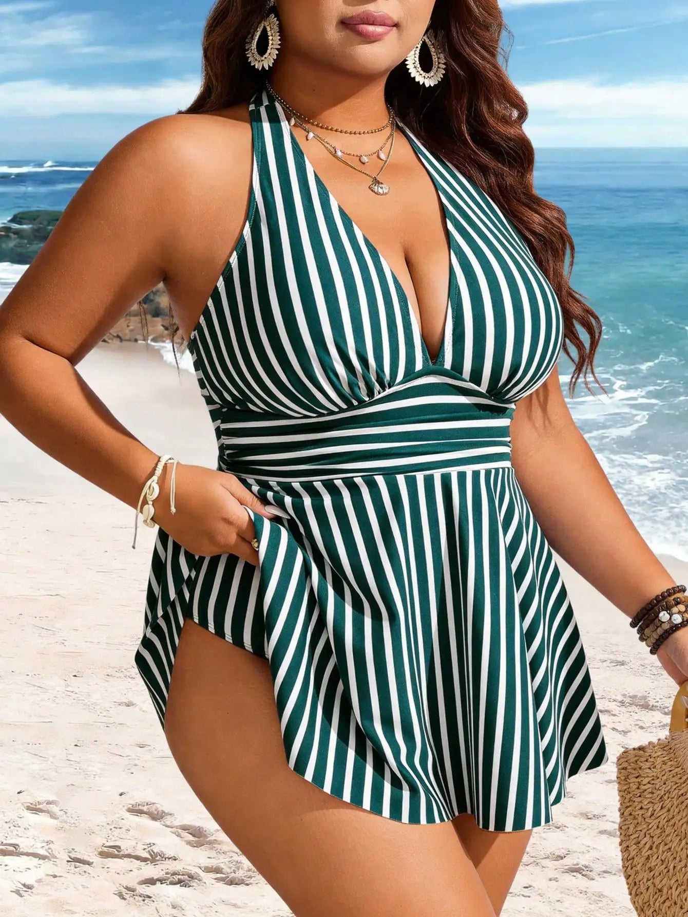 Plus Size Green White Striped Halter Tankini With Ruched Waist And Flared Skirted Bottom For Beach Resort Style Aurexia off