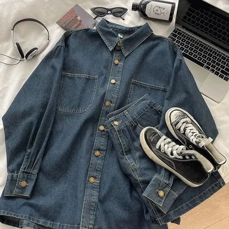 Y2K Denim Skirt Set: Vintage Japanese Style Button Jacket & Cute Mini Skirt, 2-Piece Suit Aurexia off
