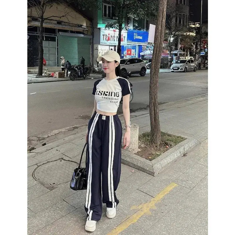 Fashion Suit Women's Summer New Shoulder Sleeves Short-sleeved T-shirt High Waist Wide Leg Pants Street Two-piece Set Aurexia off