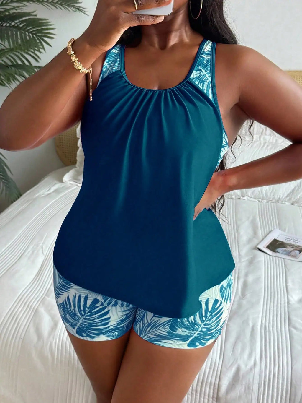 Plus Size Women Tropical Print Tankini Swimsuit Set For Beach Vacation Aurexia off