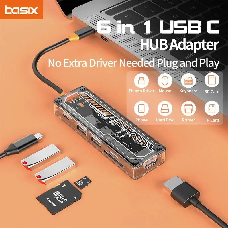 Basix usb c hub 6 in 1 Type-C to USB3.0 HD-MI USB-C PD3.0 Data SD TF hub docking station for macbook air M1 M2 ipadpro usb hub Aurexia off