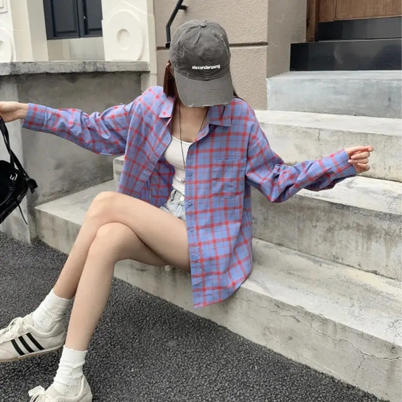 Korean-style Women's Pure Cotton Spring Long-sleeve Plaid Shirt Trendy Fashion Loose Casual College-style Shirt Aurexia off