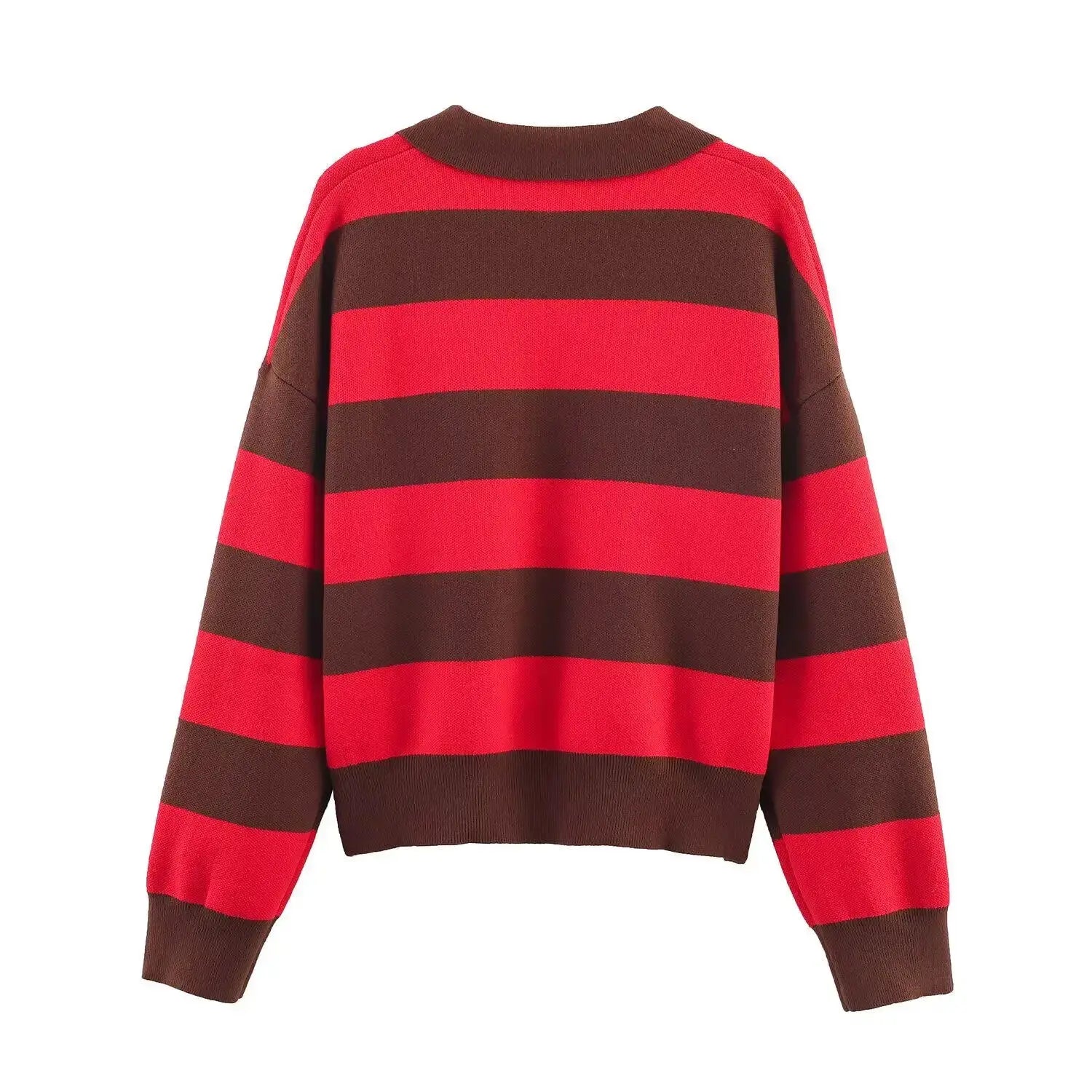 2026 Autumn New Women's Loose Long Sleeve Sweater Solid Color & Bold Stripe Lapel Top Street Fashion Long Sleeve Pullover Aurexia off