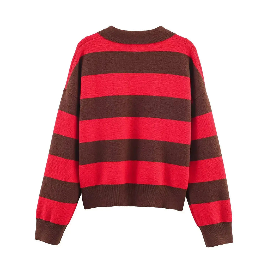 2026 Autumn New Women's Loose Long Sleeve Sweater Solid Color & Bold Stripe Lapel Top Street Fashion Long Sleeve Pullover Aurexia off