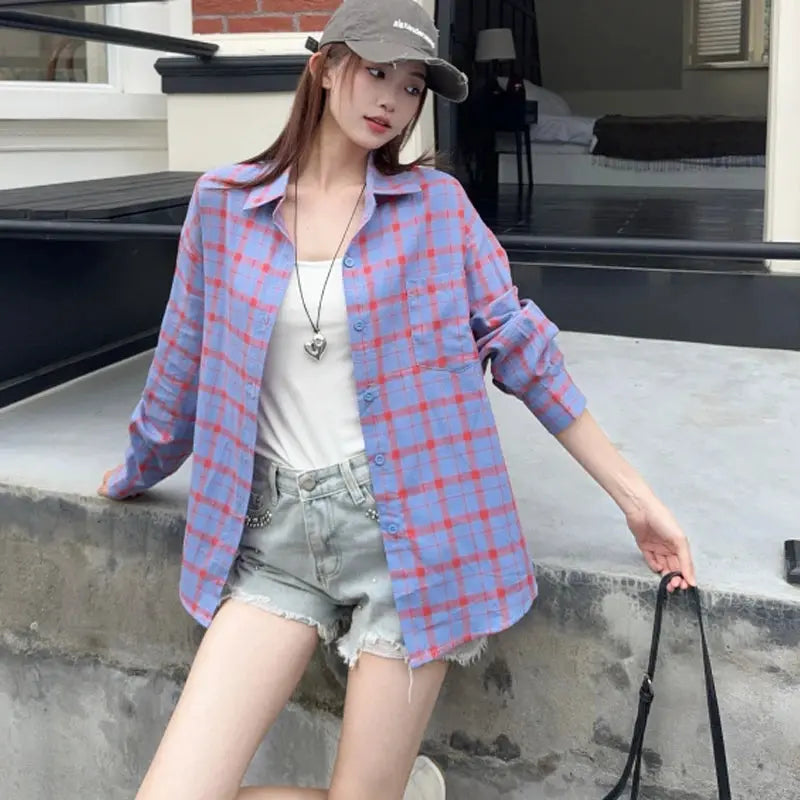 Korean-style Women's Pure Cotton Spring Long-sleeve Plaid Shirt Trendy Fashion Loose Casual College-style Shirt Aurexia off