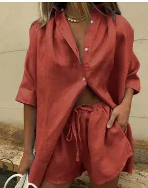 European and American 2024 Summer New Women's Solid Color Single breasted Short sleeved Shirt Two piece Set of Wide Leg Pants La Aurexia off