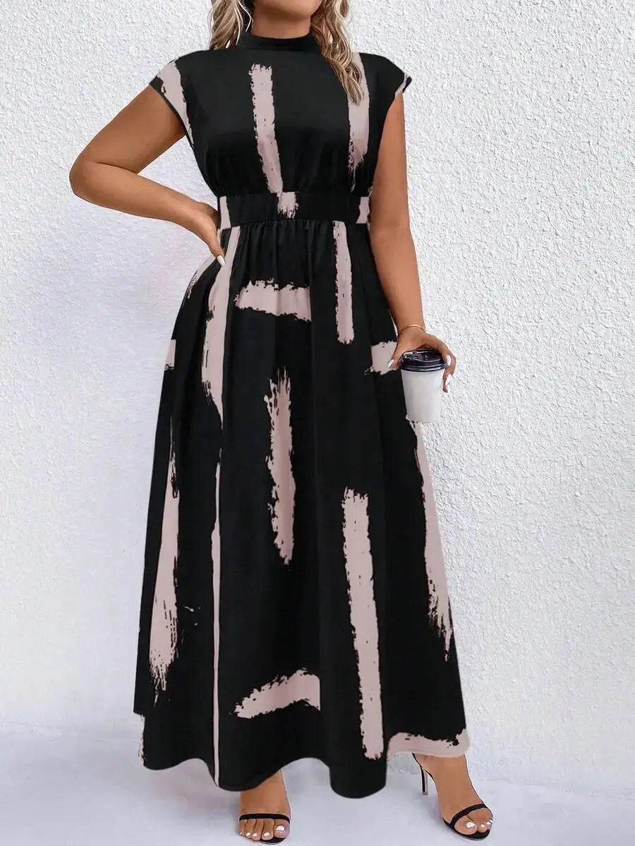 Black And Camel Abstract Print Mock Neck Maxi Dress For Women Aurexia off