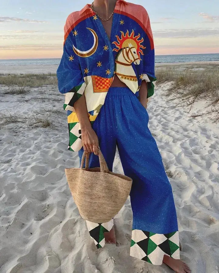 Funny Printed Loose Two Piece Set Women Tropical Beach Holiday Outfits 2024 Casual Lapel Button Shirt Wide Leg Pants Sets Aurexia off