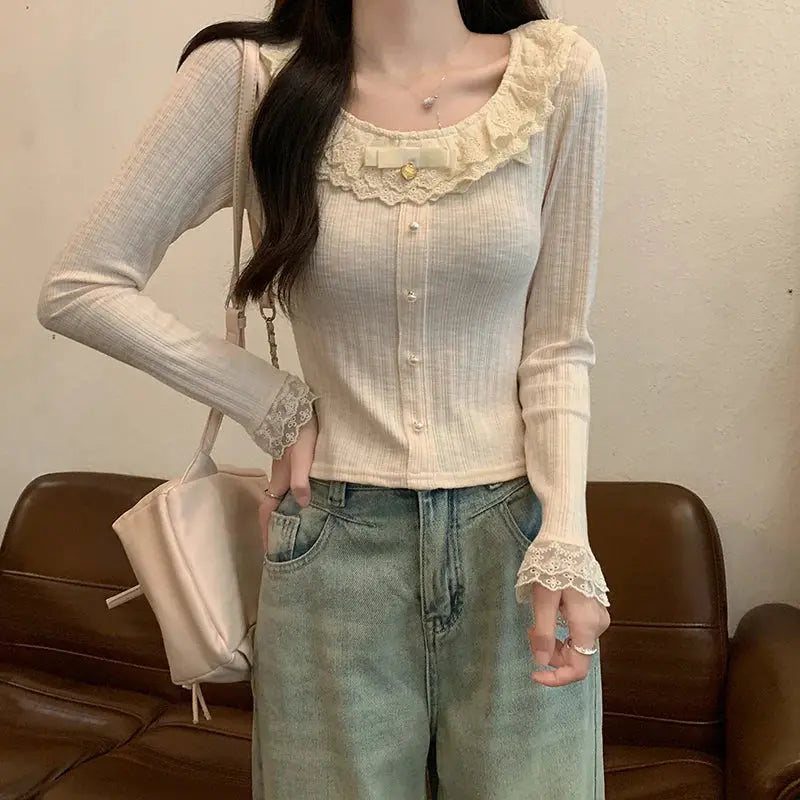 Women's 2026 Spring Autumn New Sweet Cute Lace Thin Short Slim Fit Crew Neck Long Sleeve T Shirt Base Top Aurexia off