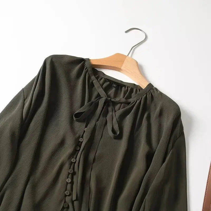 2025 French Style Women's Shirts Dark Green Loose Long Sleeve Top with Bow Tie Autumn Tops Aurexia off