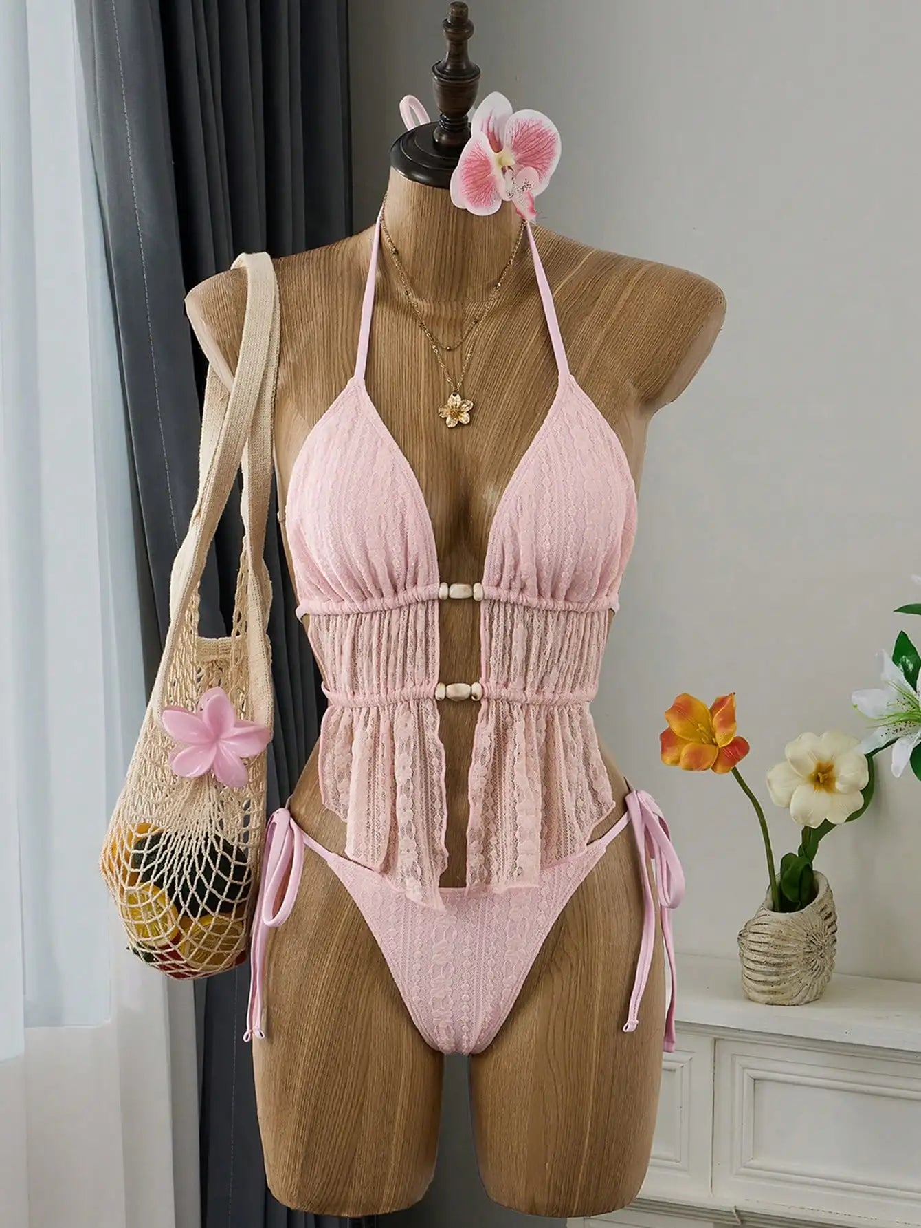 Cream Lace Halter Neck Tankini Set With Beaded Detail And Tie Side Bottoms Aurexia off