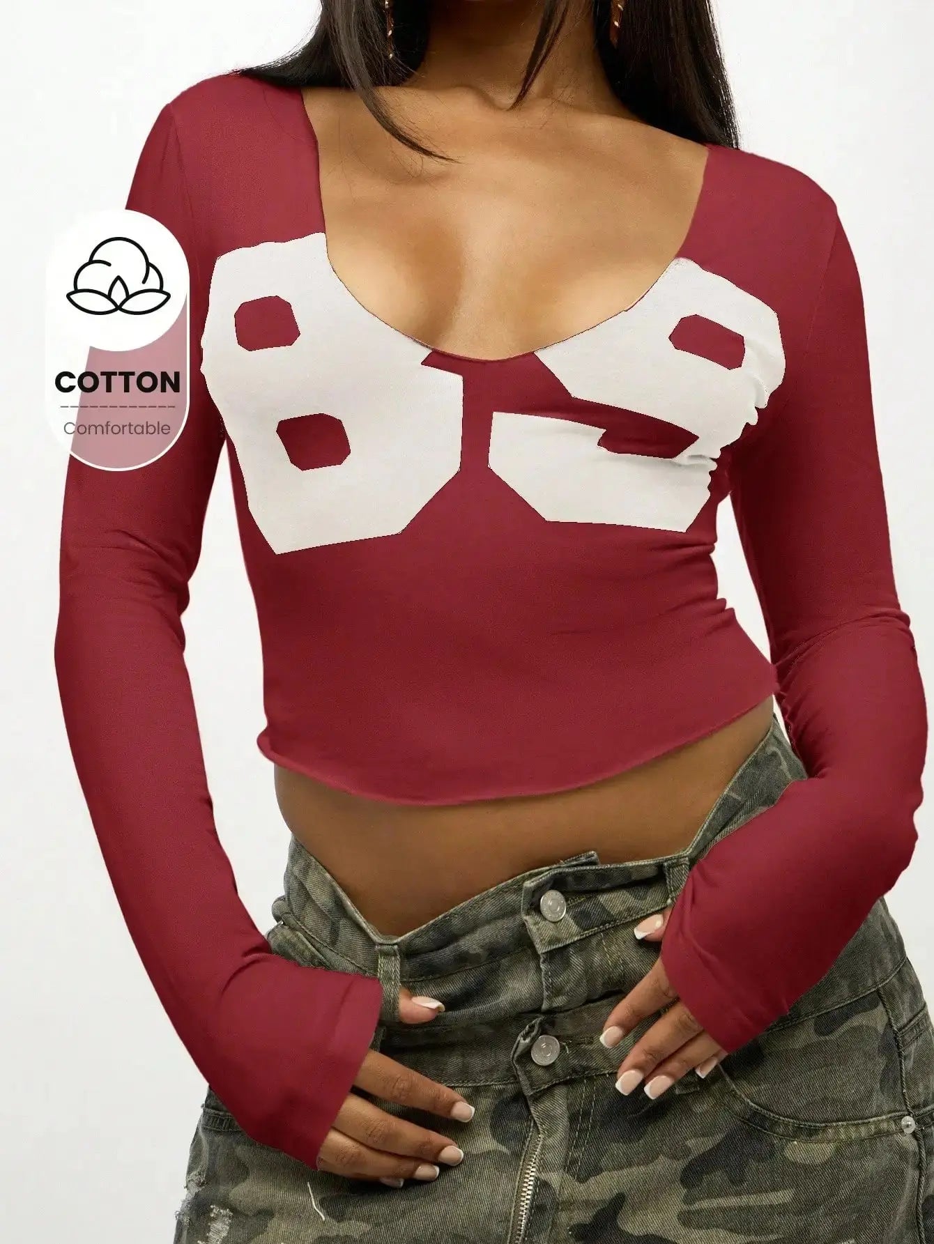 Women Long Sleeve Crop Top Graphic Print V Neck Fitted Cotton Casual Tee Aurexia off