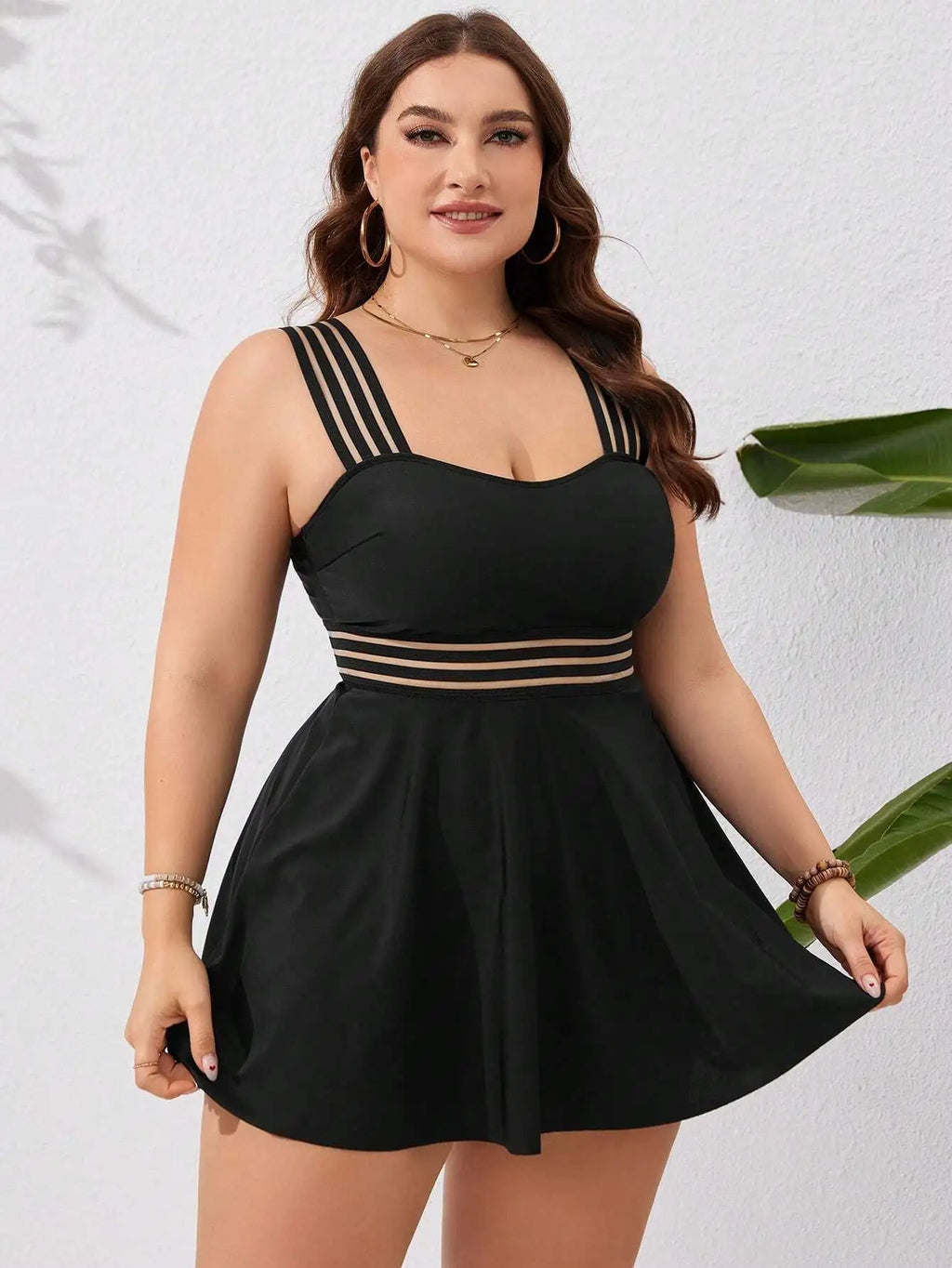 Black Plus Size Flirty Skirted Swimsuit Featuring Sheer Horizontal Stripes For Summer Beach Getaway Aurexia off