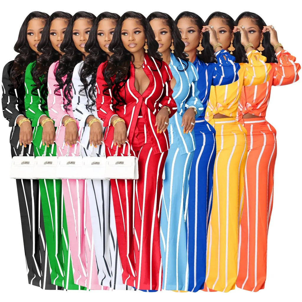 Women Outfit Two Piece Set Elegant Blouse Striped Print Long Sleeve Loose Fit Casual Summer Wear Female Clothing Sets Style Aurexia off
