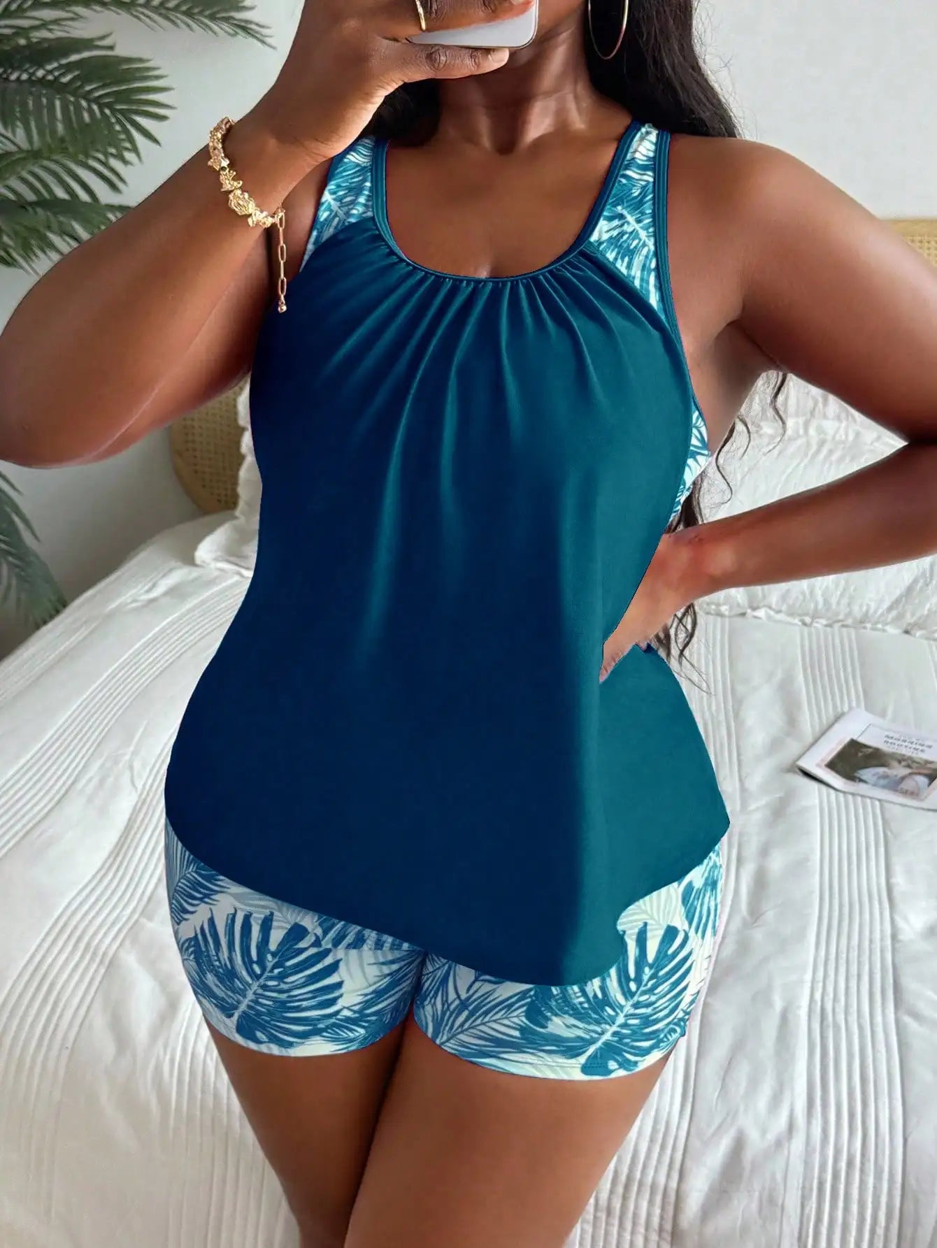Plus Size Women Tropical Print Tankini Swimsuit Set For Beach Vacation Aurexia off