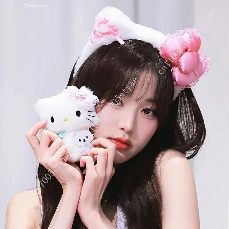 Hello Kitty Pink Bow Plush Headband  Women'S Cute and Comfortable Hair Accessory Suitable for Face Washing and Decoration Aurexia off
