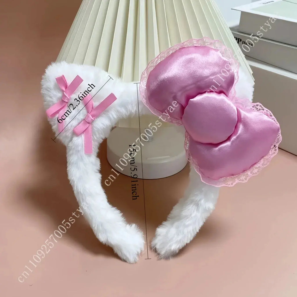 Hello Kitty Pink Bow Plush Headband  Women'S Cute and Comfortable Hair Accessory Suitable for Face Washing and Decoration Aurexia off