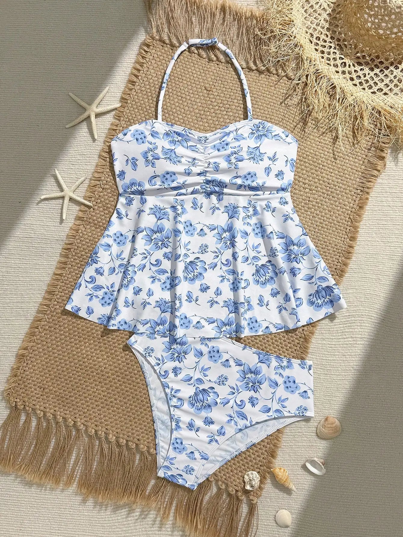 Blue Floral Tankini Set With Halter Neck And Ruffle Hem For Women Aurexia off