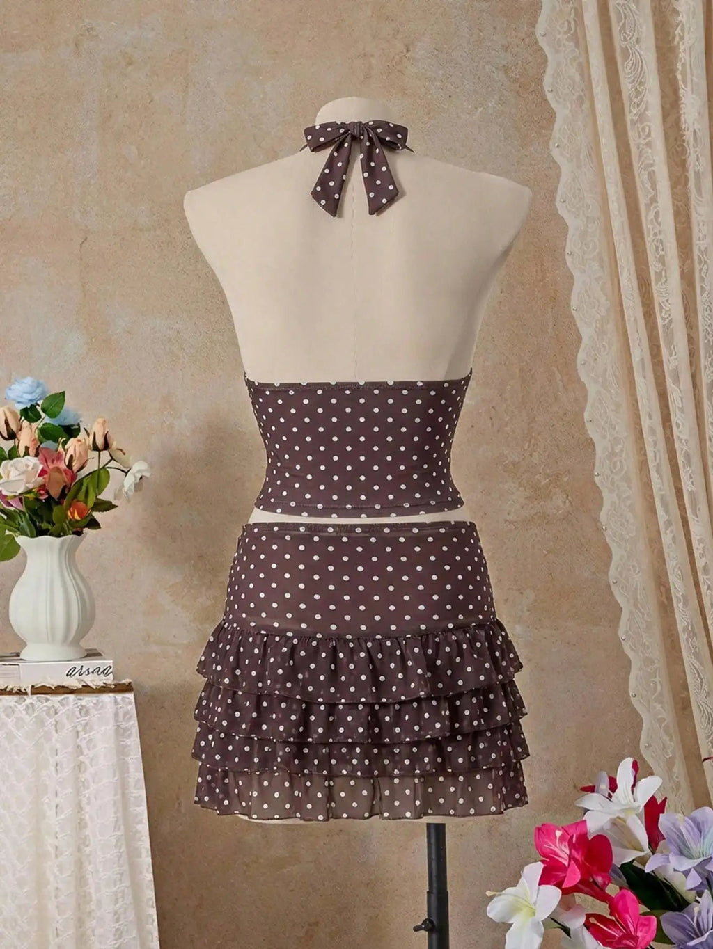 Women's Polka Dot And Gingham Halter Neck Tankini Set With Ruffled Skirt For Beach Vacation Aurexia off