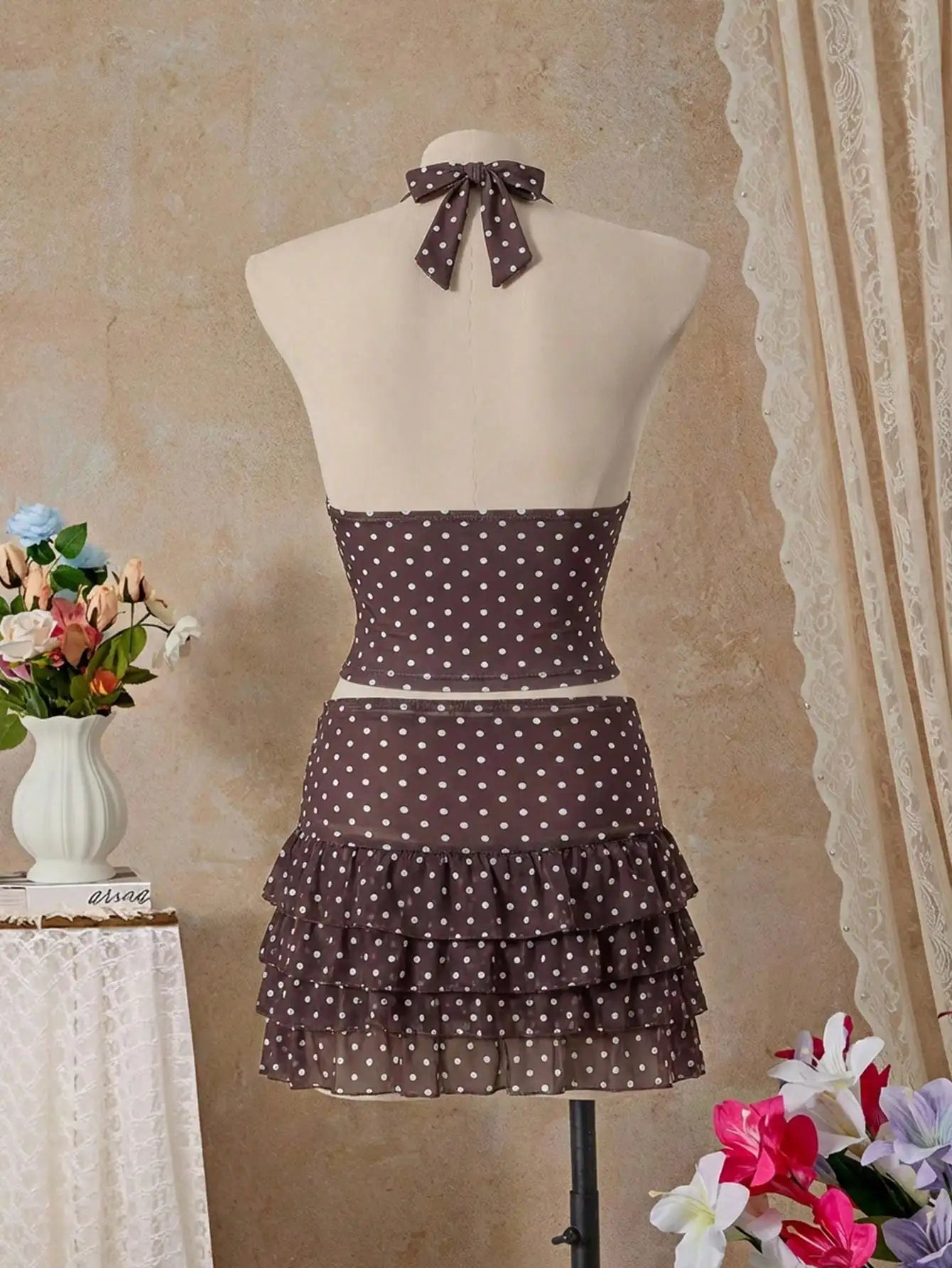 Women's Polka Dot And Gingham Halter Neck Tankini Set With Ruffled Skirt For Beach Vacation Aurexia off