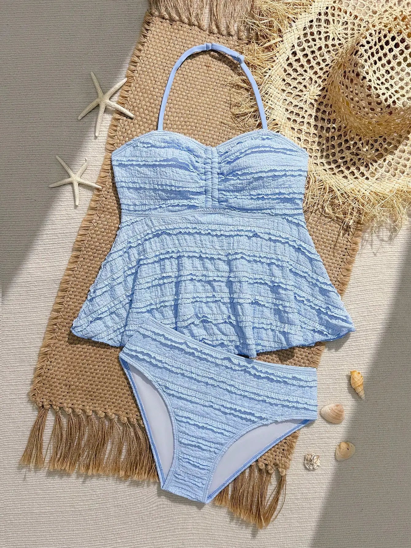 Blue Floral Tankini Set With Halter Neck And Ruffle Hem For Women Aurexia off