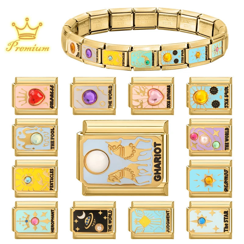 New Original Golden Tarot Cards Zircon DIY Italian Charm Bracelet Stainless Steel Women Jewelry DIY Making Gifts Drop Shipping Aurexia off