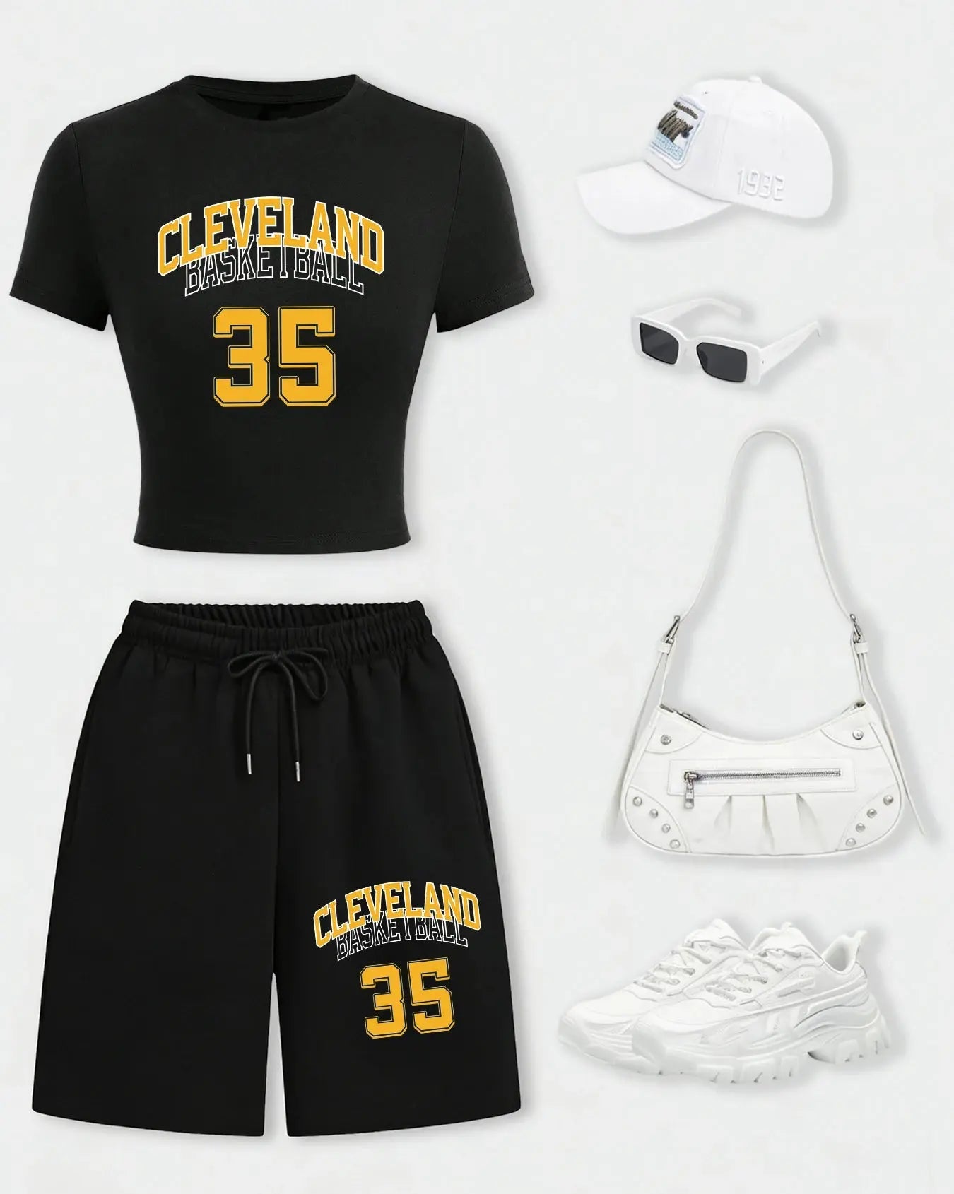 Cleveland Basketball 35 Women Crop T Shirts Set Casual Cotton T-Shirt Drawstring Summer Pocket Pant Wide-Leg Short Pants Aurexia off