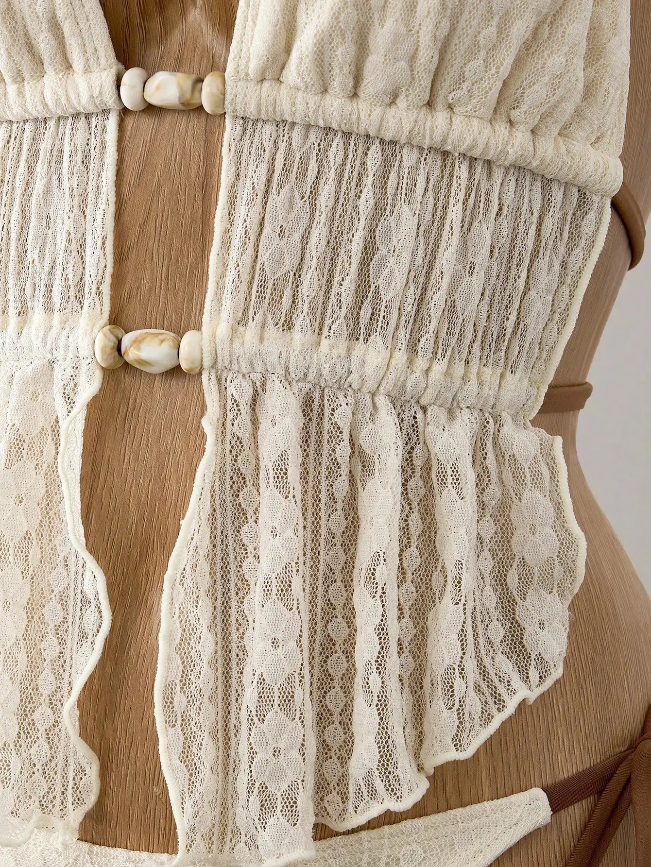 Cream Lace Halter Neck Tankini Set With Beaded Detail And Tie Side Bottoms Aurexia off