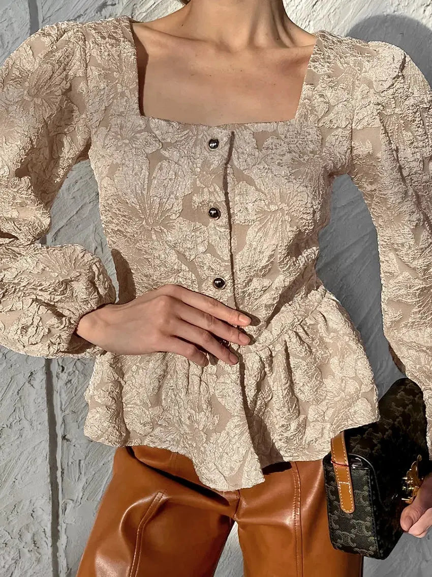 Ladies Elegant Jacquard Square Neck Puff Sleeve Blouse, Button Front Peplum Top for Party, Office and Daily Wear Aurexia off