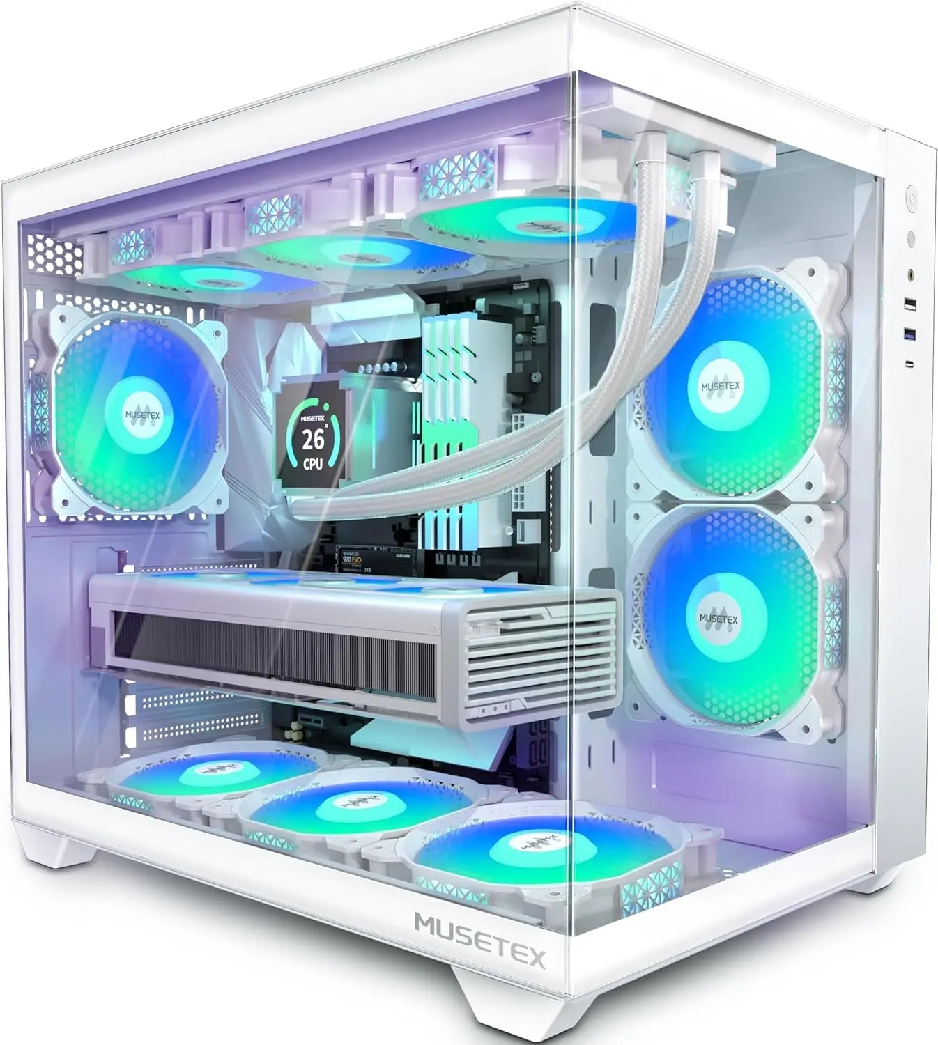 ATX PC Case with 6 PWM ARGB Fans, 360mm Radiator Support, Type-C Port, Full View Tempered Glass Mid Tower in White Aurexia off