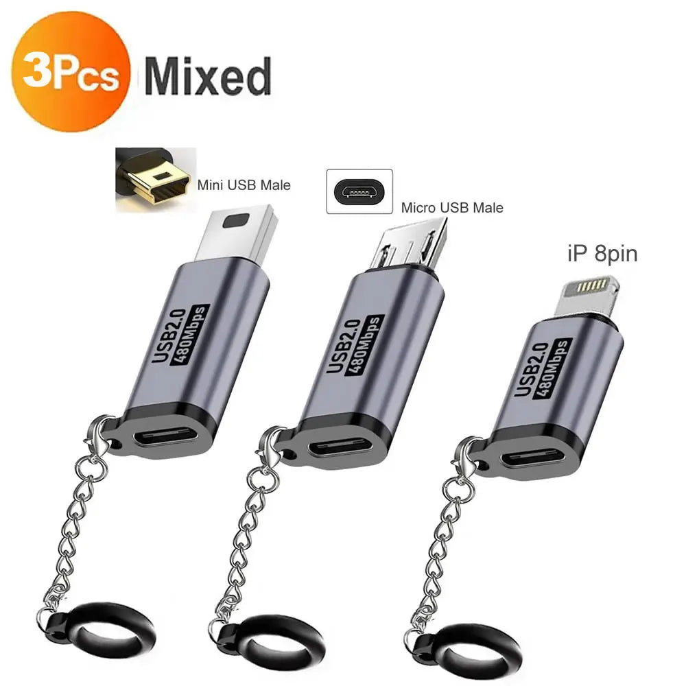 USB-C Adapter Type C Female To Micro / Mini USB Converters For iPhone 14 13 Xiaomi Samsung For Lightning Male Charger Adapter Aurexia off