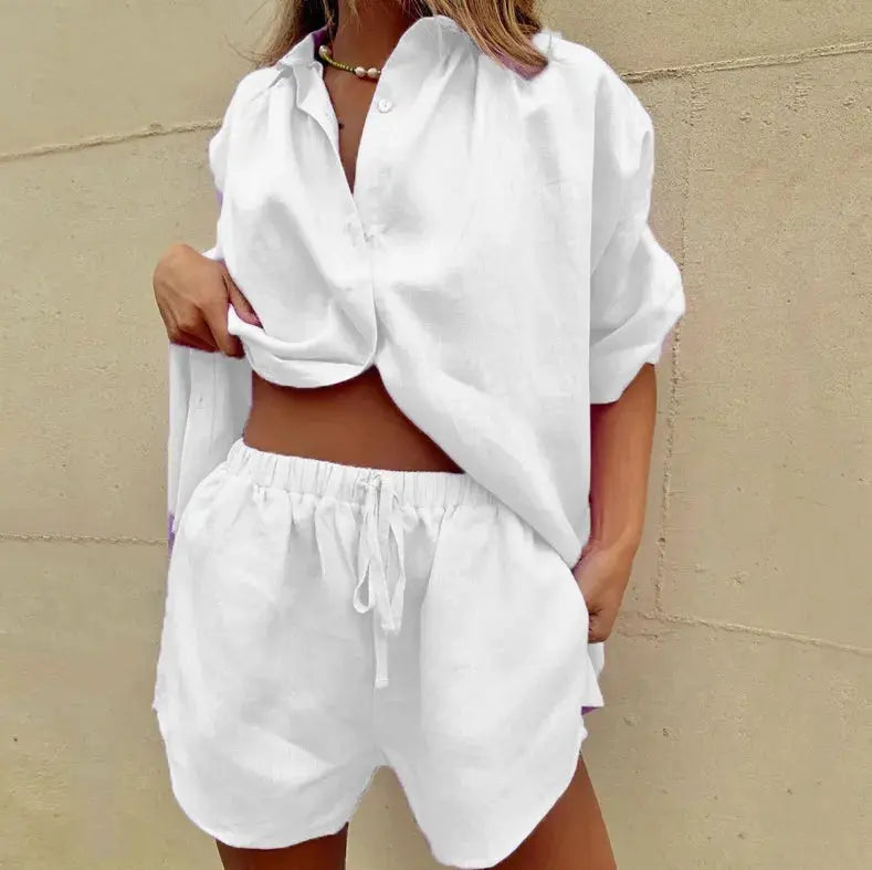 European and American 2024 Summer New Women's Solid Color Single breasted Short sleeved Shirt Two piece Set of Wide Leg Pants La Aurexia off
