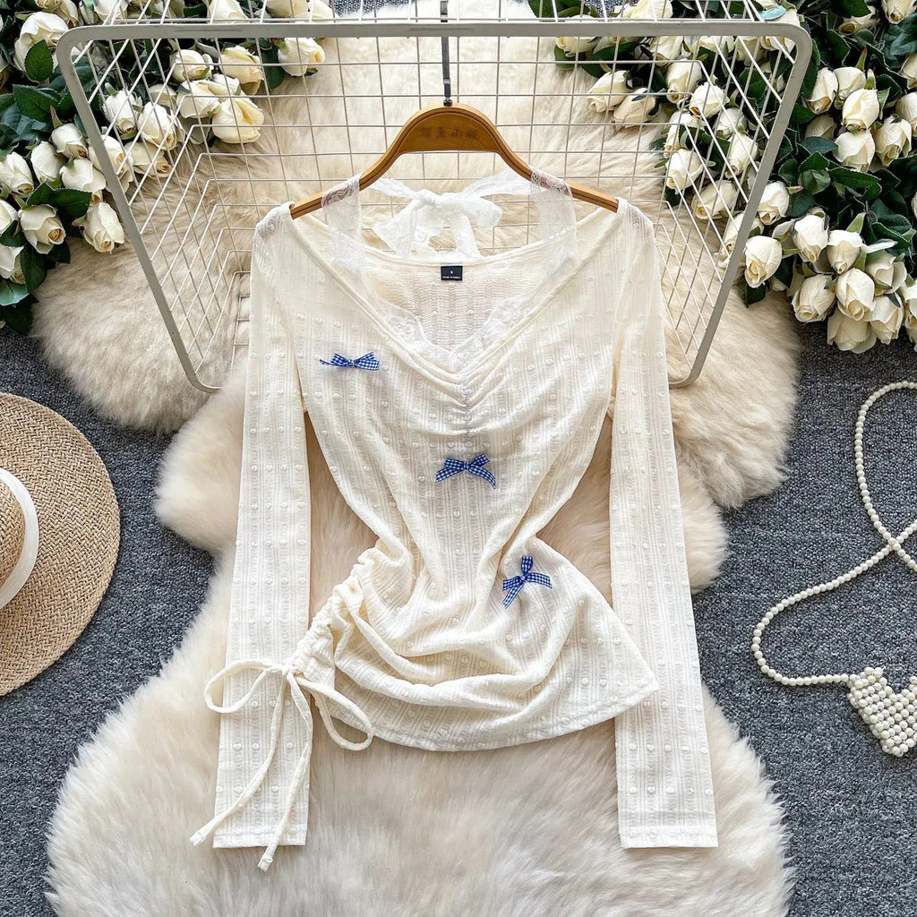Bow Lace Splicing Long Sleeve Tops for Women 2026 Spring Korean Style Loose Lace-up Pullover Waist-cinching Fake Two-piece Tops Aurexia off