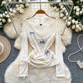 Bow Lace Splicing Long Sleeve Tops for Women 2026 Spring Korean Style Loose Lace-up Pullover Waist-cinching Fake Two-piece Tops Aurexia off