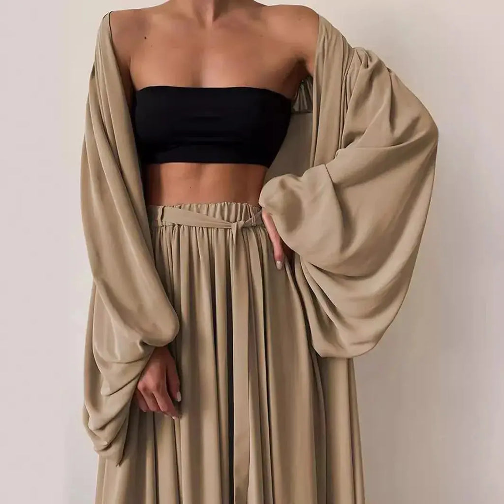Summer Spring Women's Clothing Two Piece Set Long Sleeve Lantern Sleeve Solid Color Outfit Women's Suit Polyester Streetwear Aurexia off