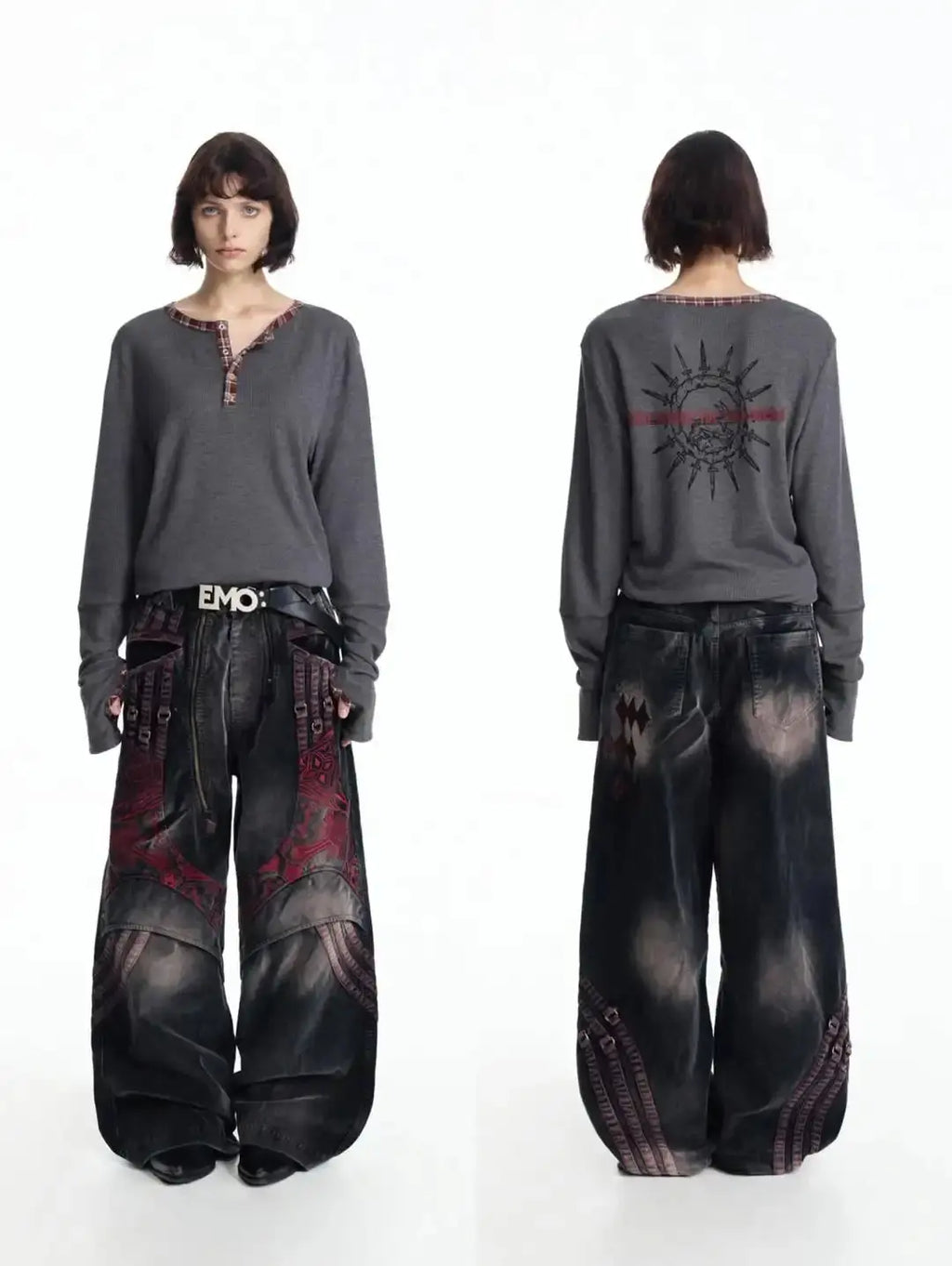 Gothic waffle long-sleeved henley shirt with checkered edging and back print T-shirt, Y2K street style Aurexia off
