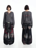Gothic waffle long-sleeved henley shirt with checkered edging and back print T-shirt, Y2K street style Aurexia off