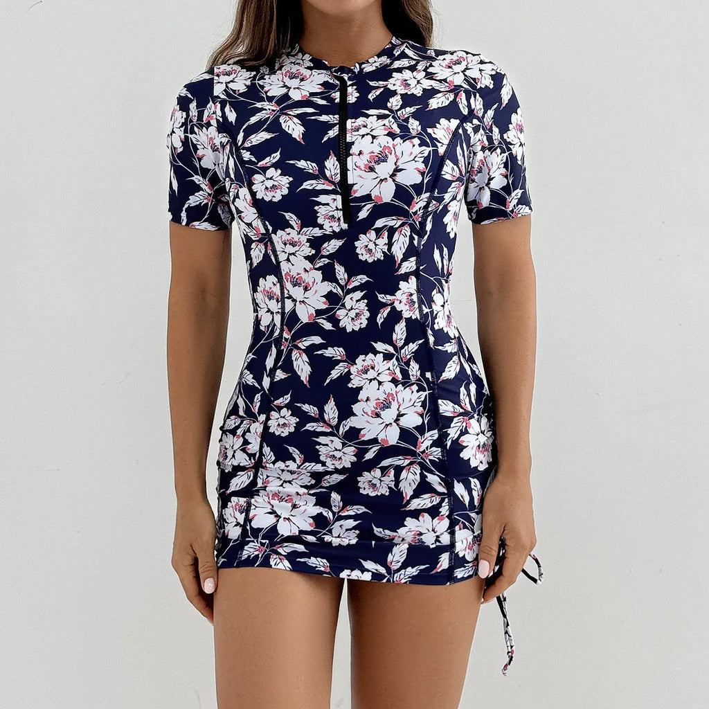 Women's Printed Zipper Design Conservative Sporty Two-Piece Tankini Swimsuit, Stylish Swimwear for Beach & Pool Aurexia off