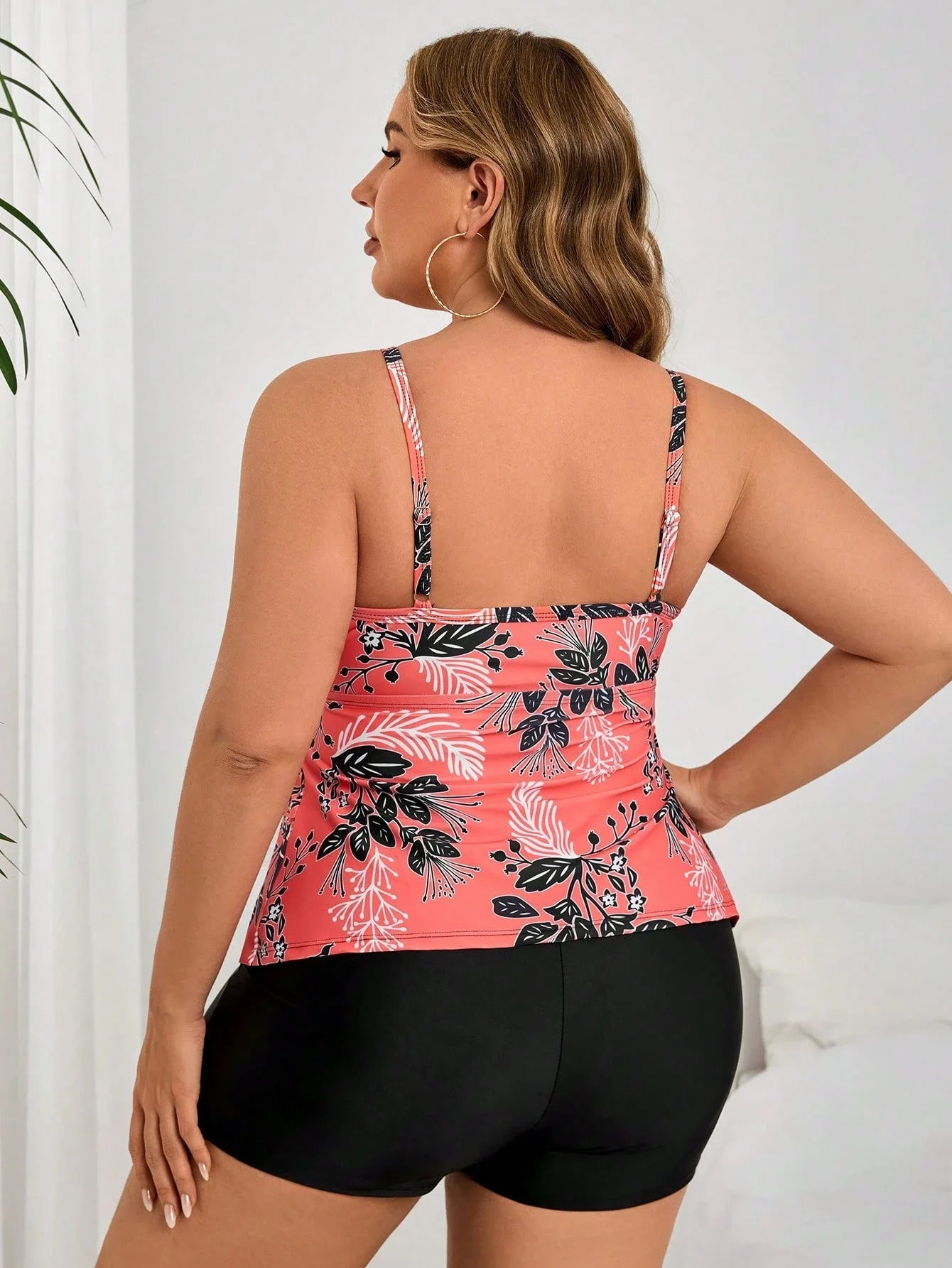 Coral Floral Print Ruffle Layered Crop Top With Solid Black Boyshorts Two Piece Plus Size Swimwear Set Aurexia off