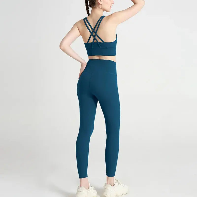 Classic women's yoga suit 2 piece set cross sling bra vest, butter touch stretch leggings gym workout dance sports suit Aurexia off