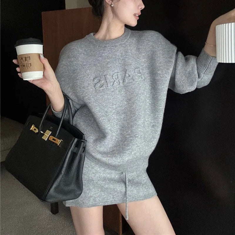 Casual Two-Piece Set Letter Embossed Pullover Outfit Long Sleeve Knit Skirt Set Mini Bodycon Wool Co-Ord For Women Cozy Warm Aurexia off